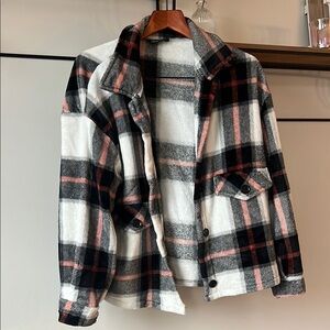 Plaid Button-Up Jacket in Black, White, and Pink